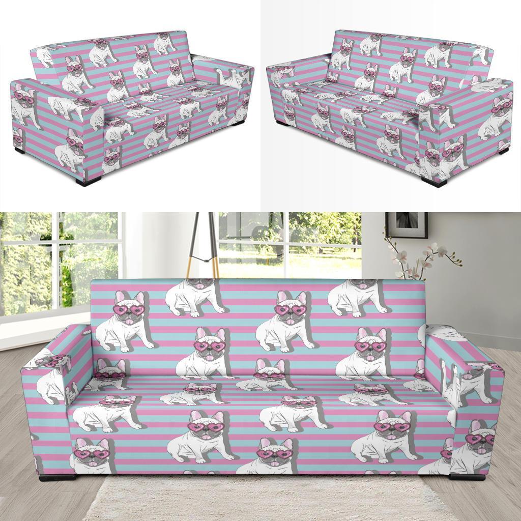 Bulldog Heart Sunglasses Pattern Print Sofa Covers-grizzshop