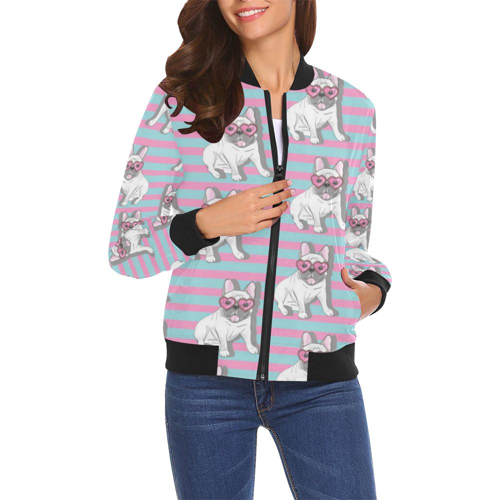 Bulldog Heart Sunglasses Pattern Print Women Casual Bomber Jacket-grizzshop