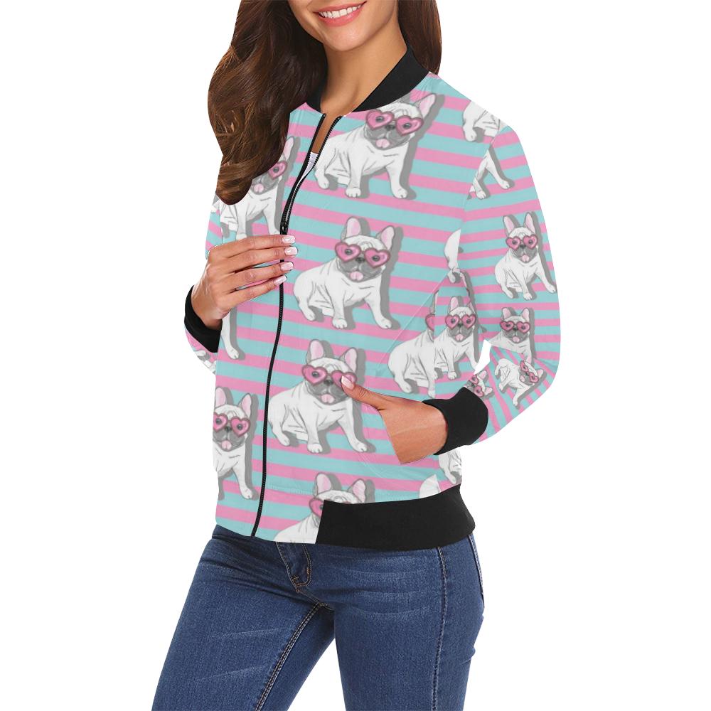 Bulldog Heart Sunglasses Pattern Print Women Casual Bomber Jacket-grizzshop