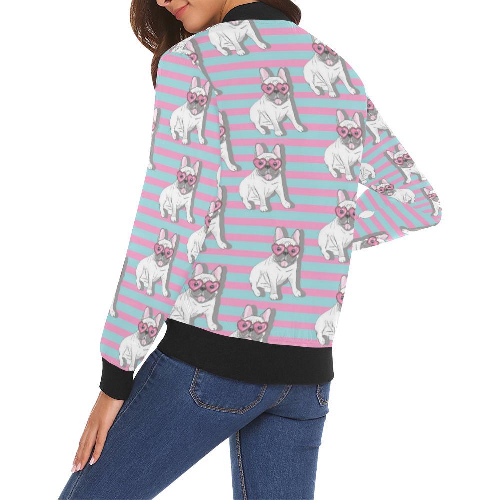 Bulldog Heart Sunglasses Pattern Print Women Casual Bomber Jacket-grizzshop