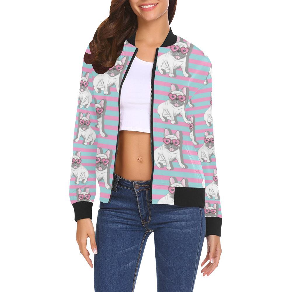 Bulldog Heart Sunglasses Pattern Print Women Casual Bomber Jacket-grizzshop