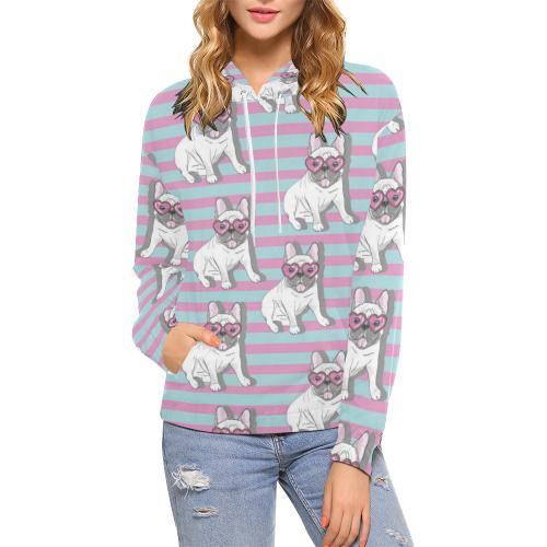 Bulldog Heart Sunglasses Pattern Print Women Pullover Hoodie-grizzshop