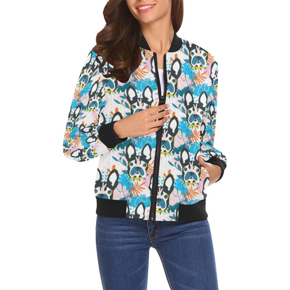 Bulldog Paint Pattern Print Women Casual Bomber Jacket-grizzshop