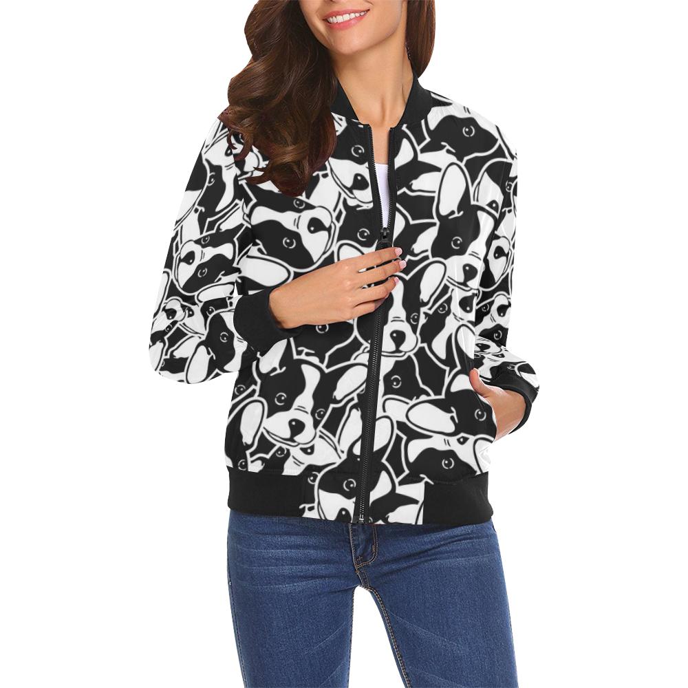 Bulldog Pattern Print Women Casual Bomber Jacket-grizzshop