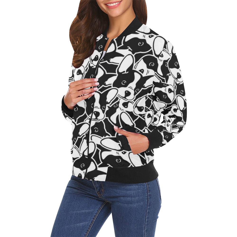 Bulldog Pattern Print Women Casual Bomber Jacket-grizzshop