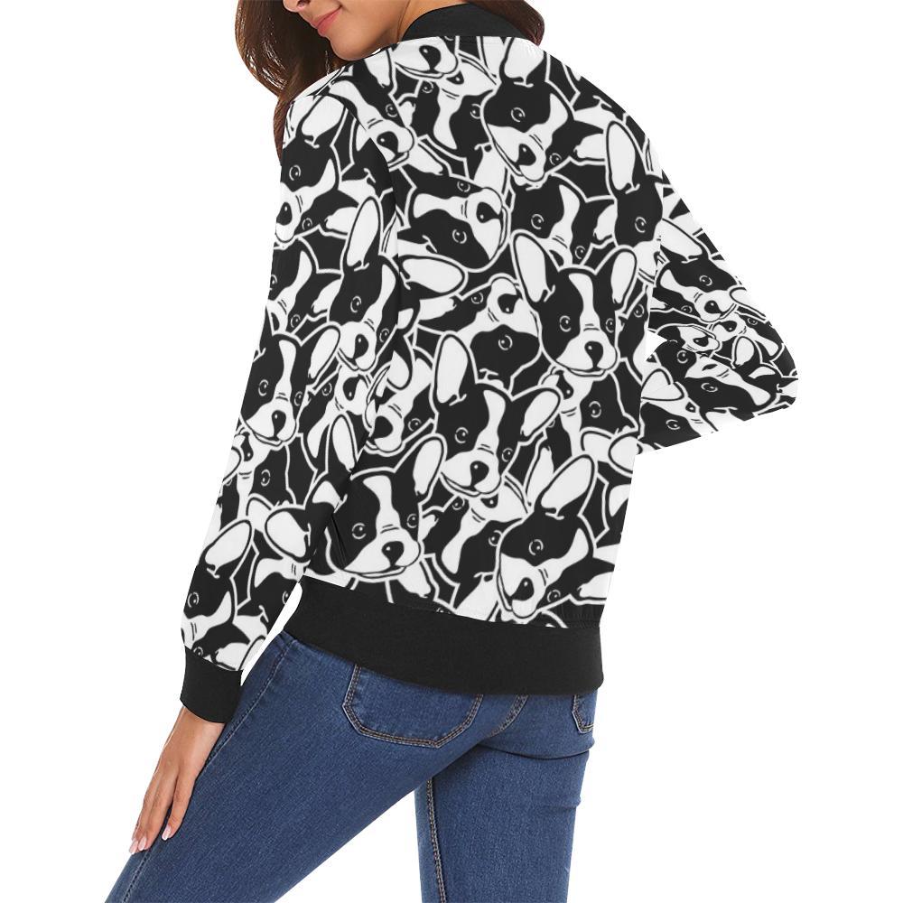 Bulldog Pattern Print Women Casual Bomber Jacket-grizzshop