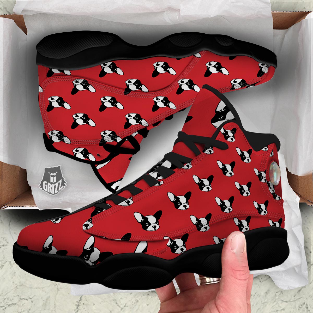 Bulldog Red French Print Pattern Black Basketball Shoes-grizzshop