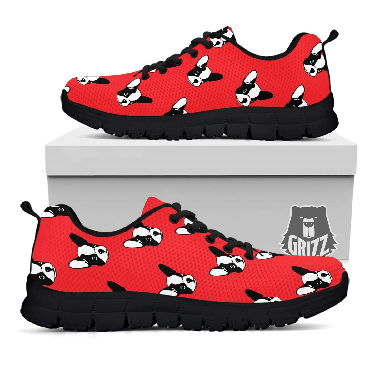 Bulldog Red French Print Pattern Black Sneaker-grizzshop