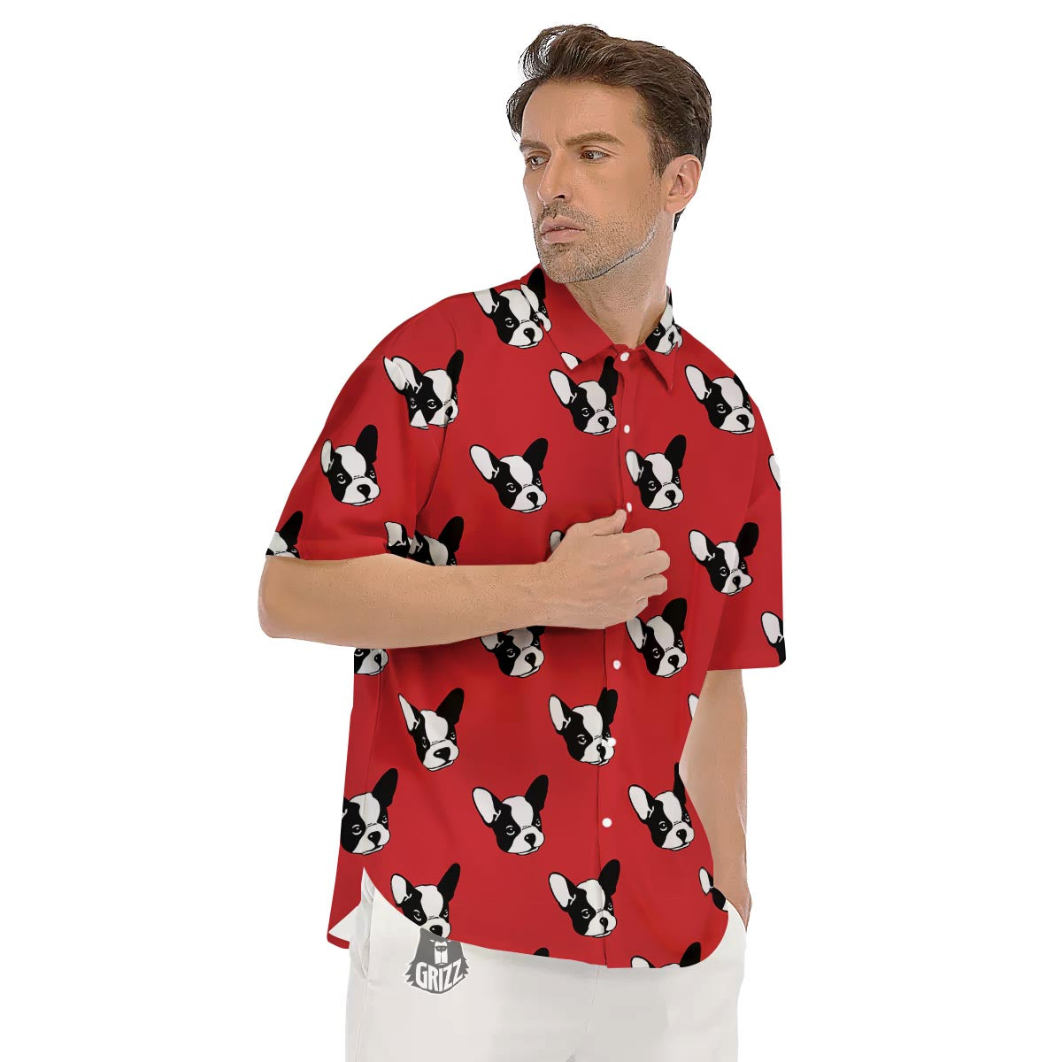 Bulldog Red French Print Pattern Men's Short Sleeve Shirts-grizzshop