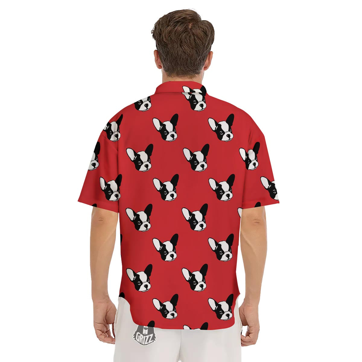 Bulldog Red French Print Pattern Men's Short Sleeve Shirts-grizzshop