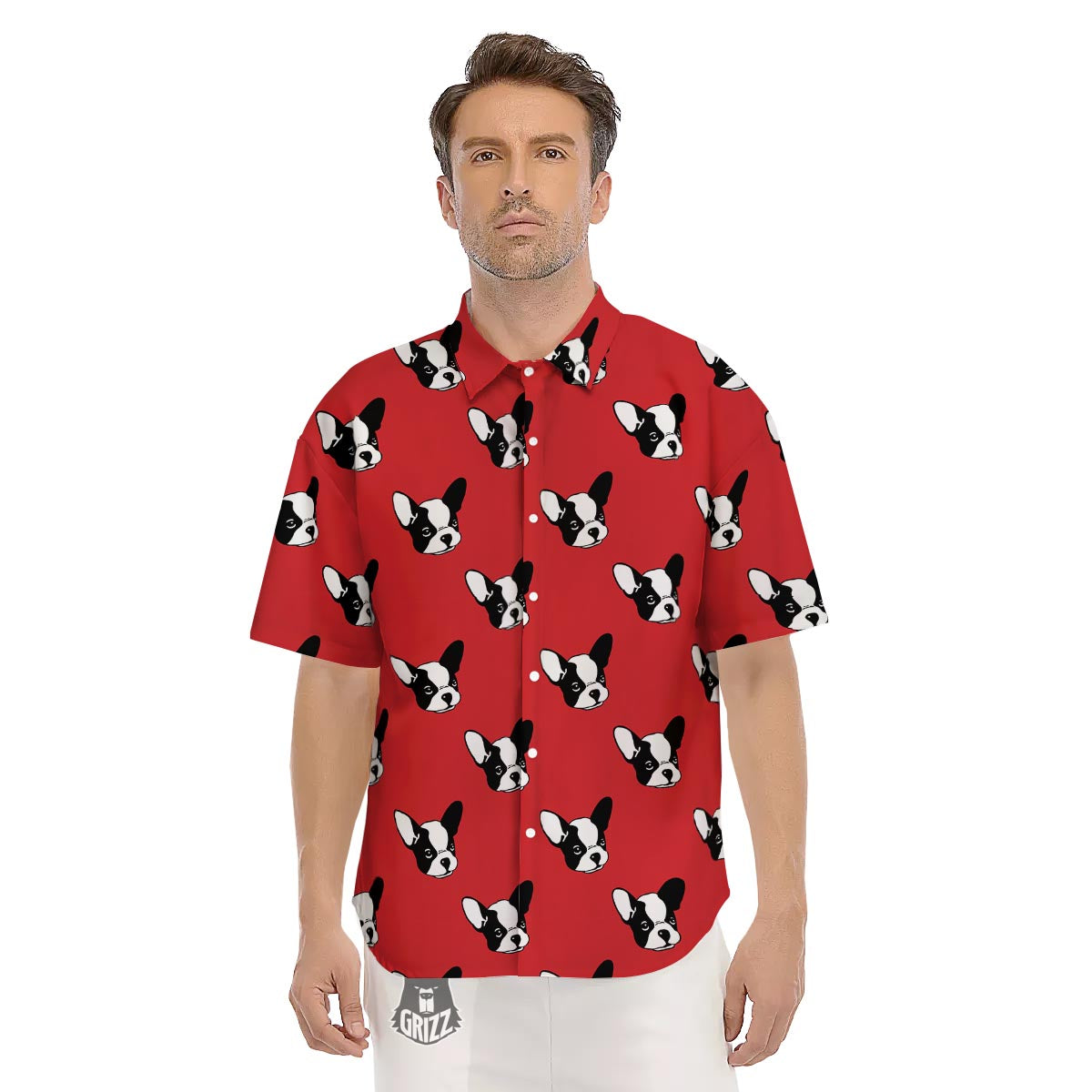 Bulldog Red French Print Pattern Men's Short Sleeve Shirts-grizzshop