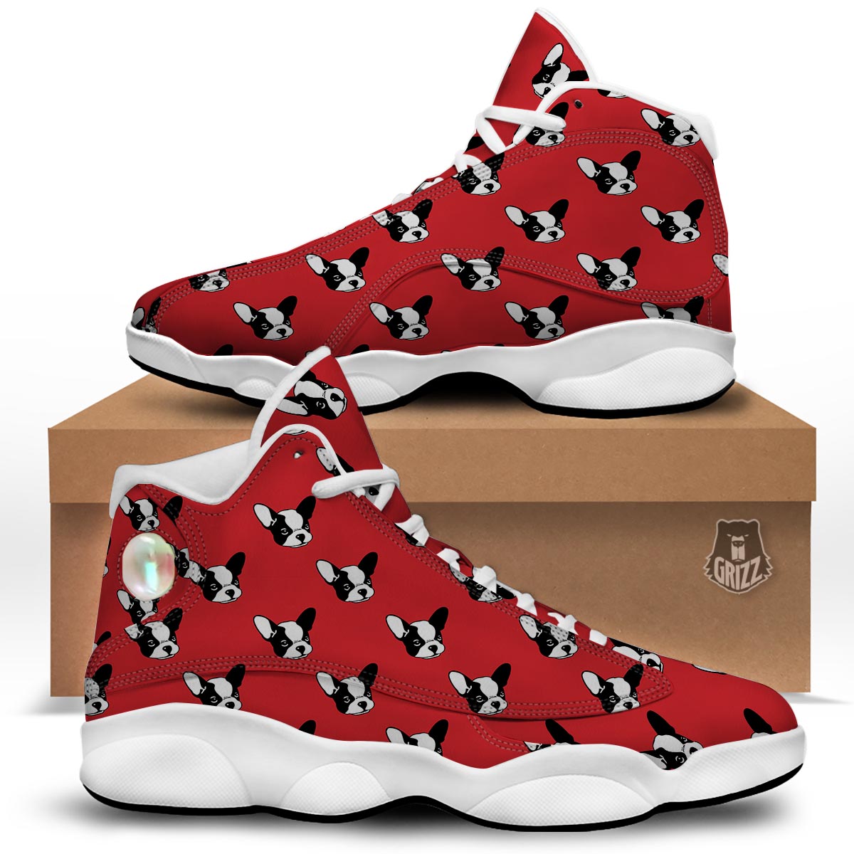 Bulldog Red French Print Pattern White Basketball Shoes-grizzshop