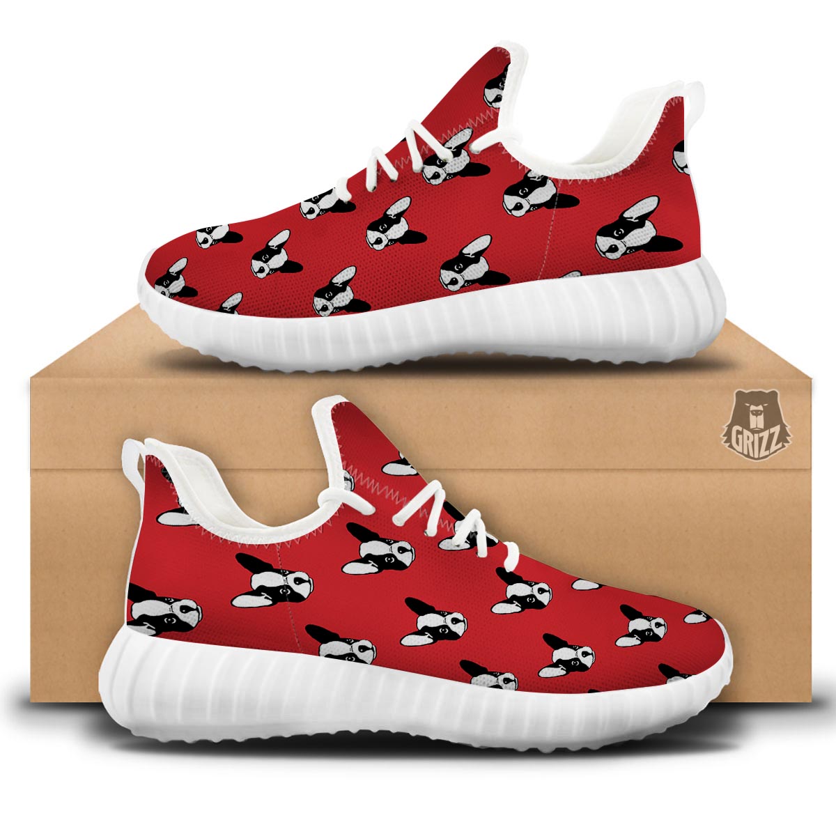 Bulldog Red French Print Pattern White Walking Shoes-grizzshop