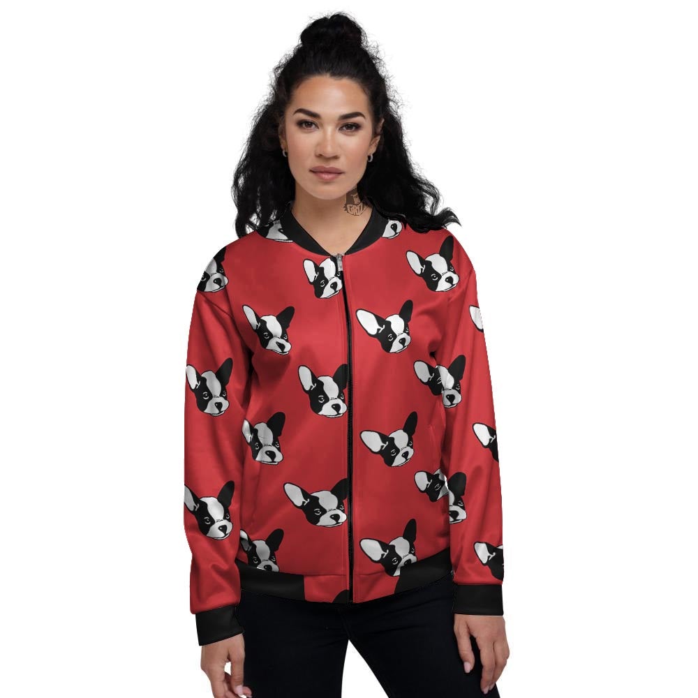 Bulldog Red French Print Pattern Women's Bomber Jacket-grizzshop