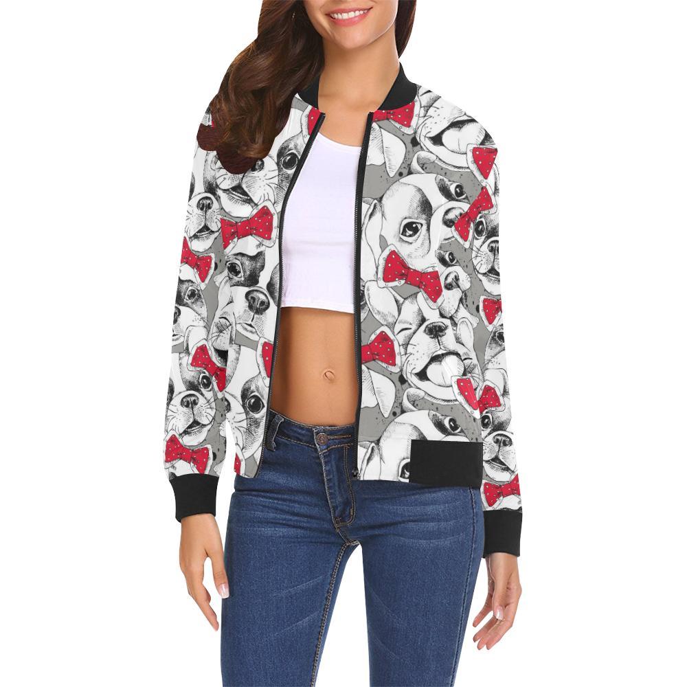 Bulldog Tuxedo Pattern Print Women Casual Bomber Jacket-grizzshop