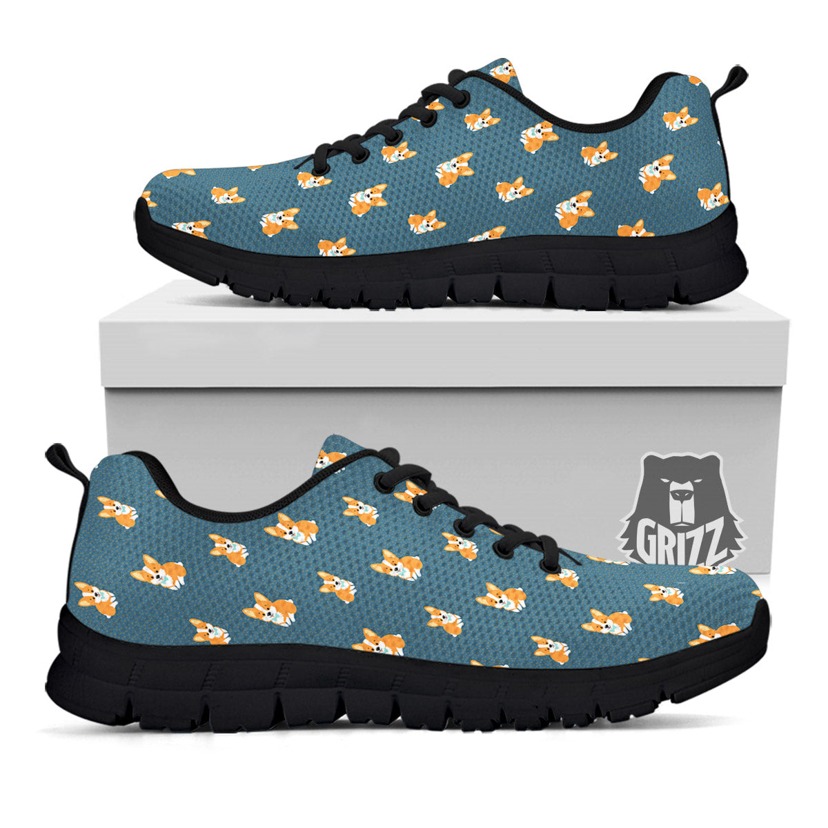 Bunny Corgi Print Pattern Black Sneaker-grizzshop