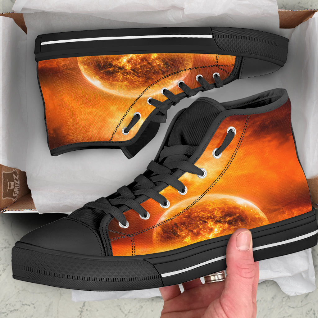 Burning Apocalyptic Planet Earth Print Black High Top Shoes-grizzshop