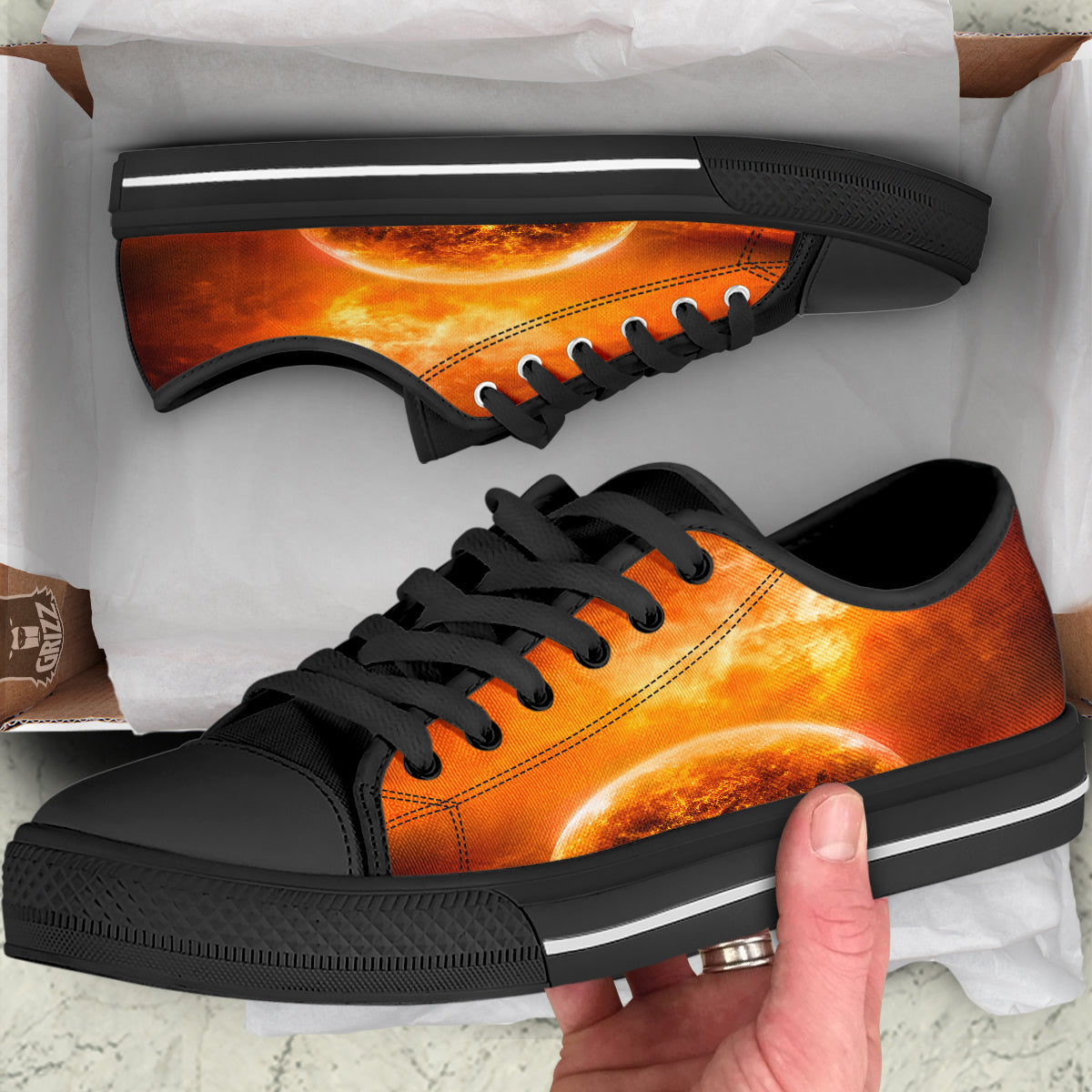 Burning Apocalyptic Planet Earth Print Black Low Top Shoes-grizzshop