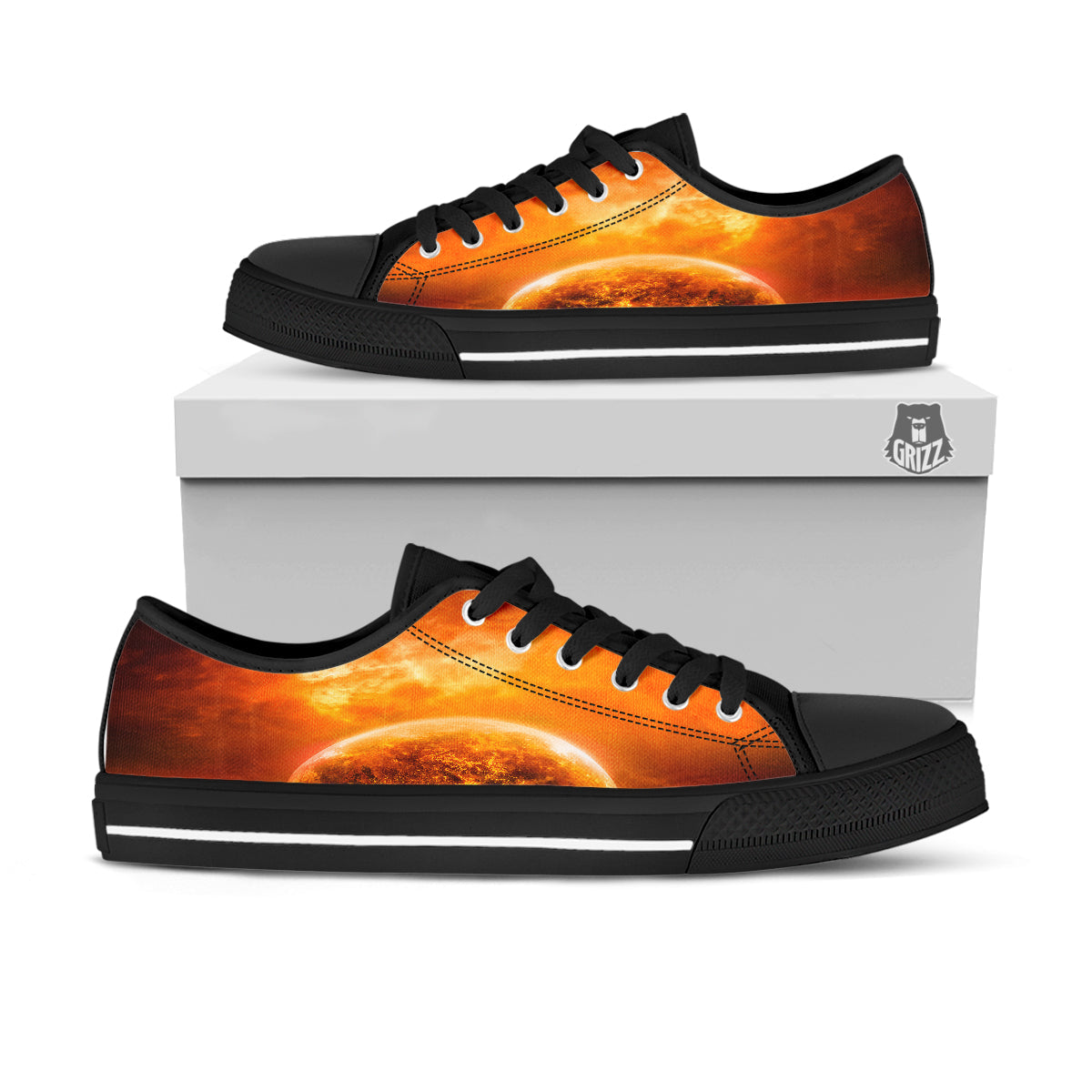 Burning Apocalyptic Planet Earth Print Black Low Top Shoes-grizzshop
