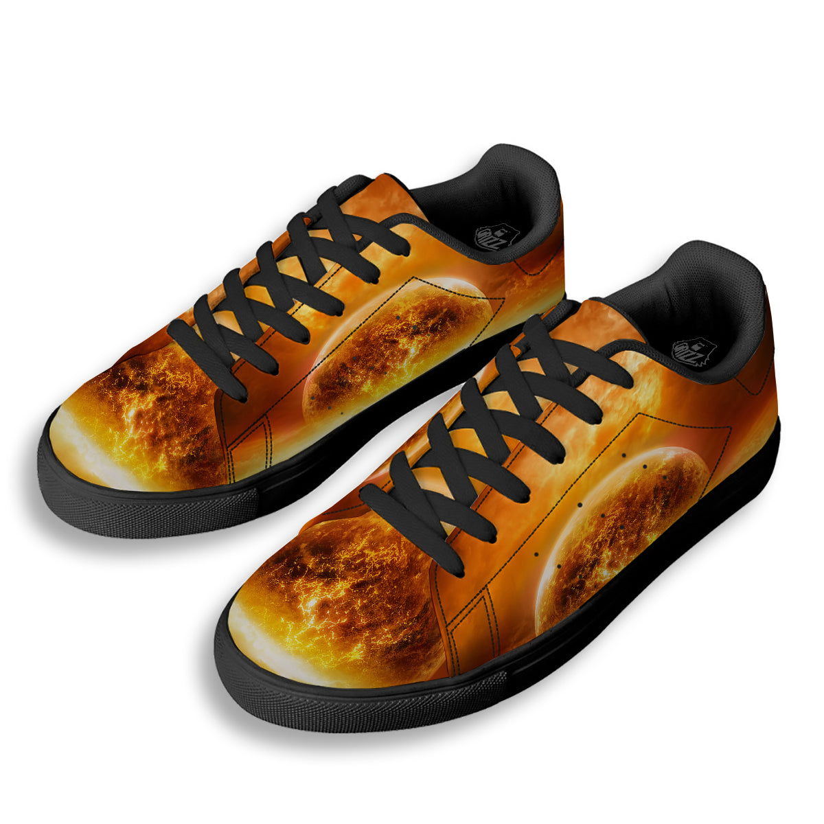 Burning Apocalyptic Planet Earth Print Black Low Top Sneakers-grizzshop