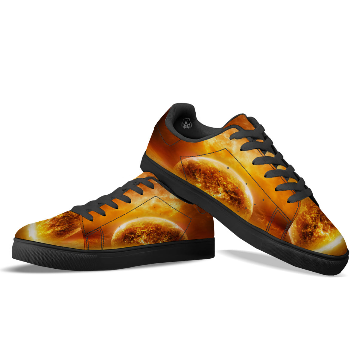 Burning Apocalyptic Planet Earth Print Black Low Top Sneakers-grizzshop