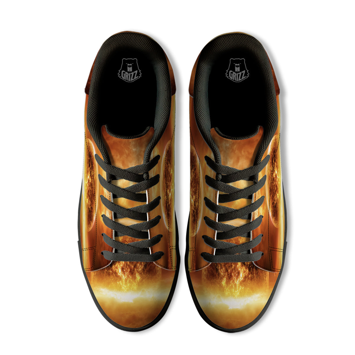 Burning Apocalyptic Planet Earth Print Black Low Top Sneakers-grizzshop
