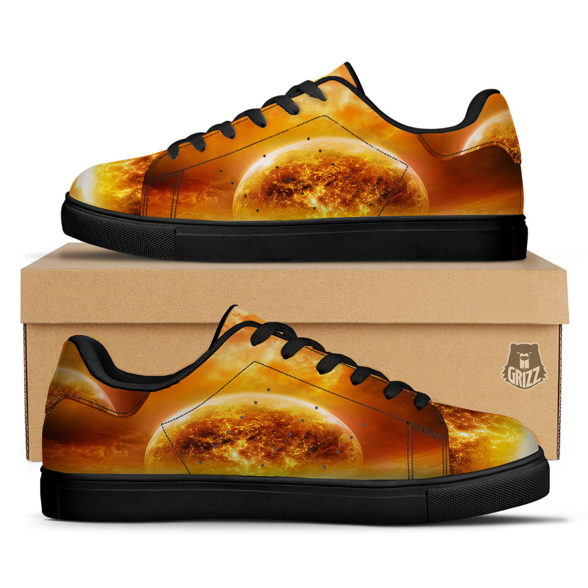Burning Apocalyptic Planet Earth Print Black Low Top Sneakers-grizzshop