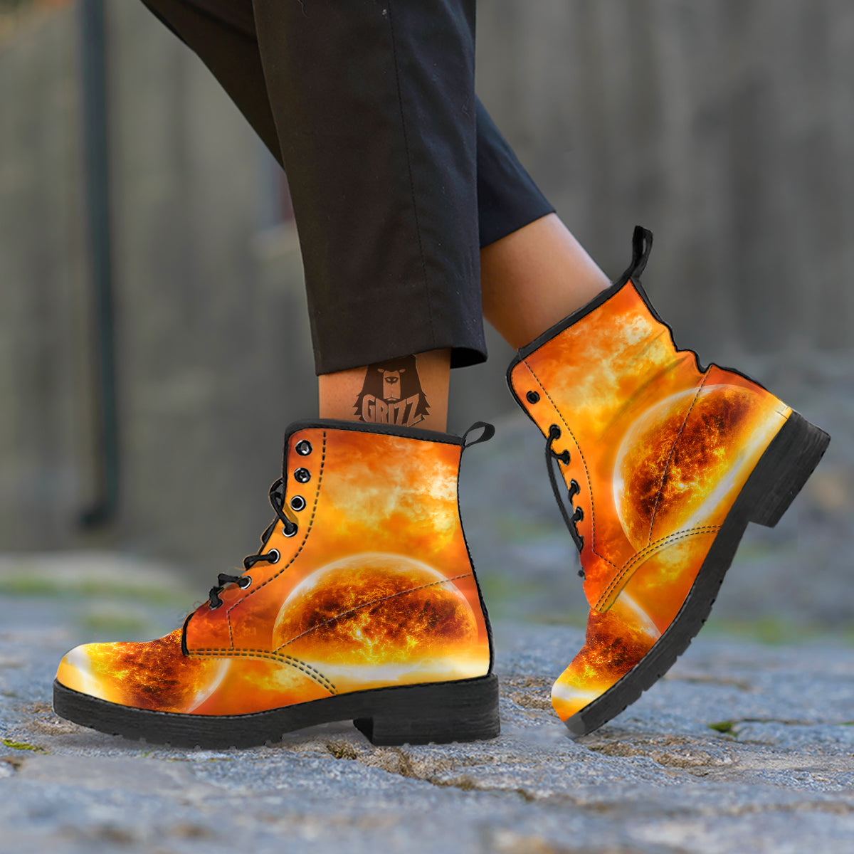 Burning Apocalyptic Planet Earth Print Leather Boots-grizzshop