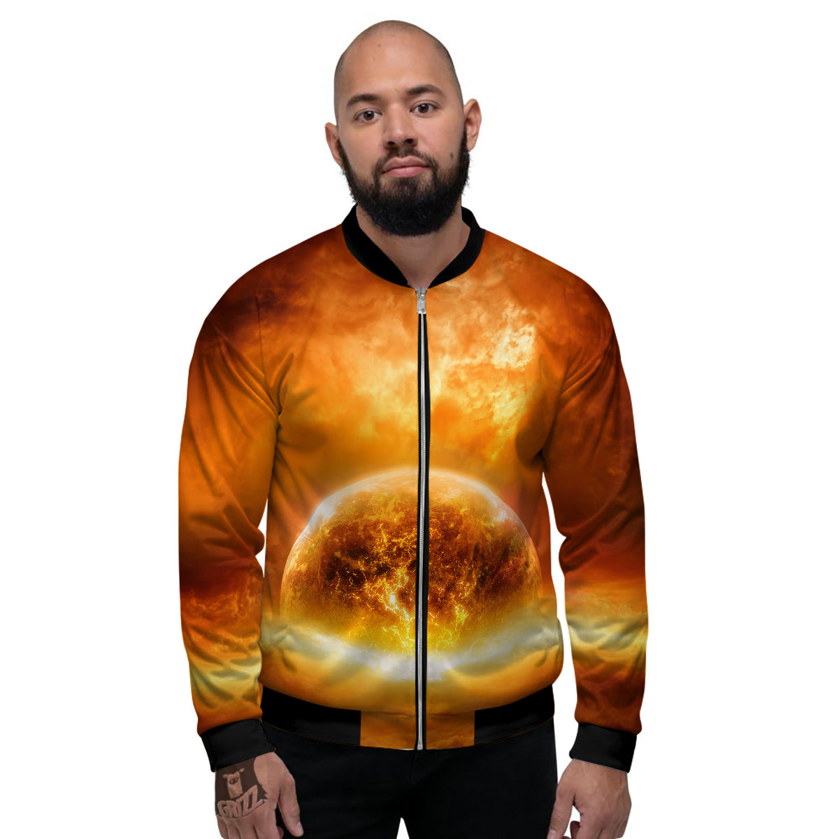 Burning Apocalyptic Planet Earth Print Men's Bomber Jacket-grizzshop