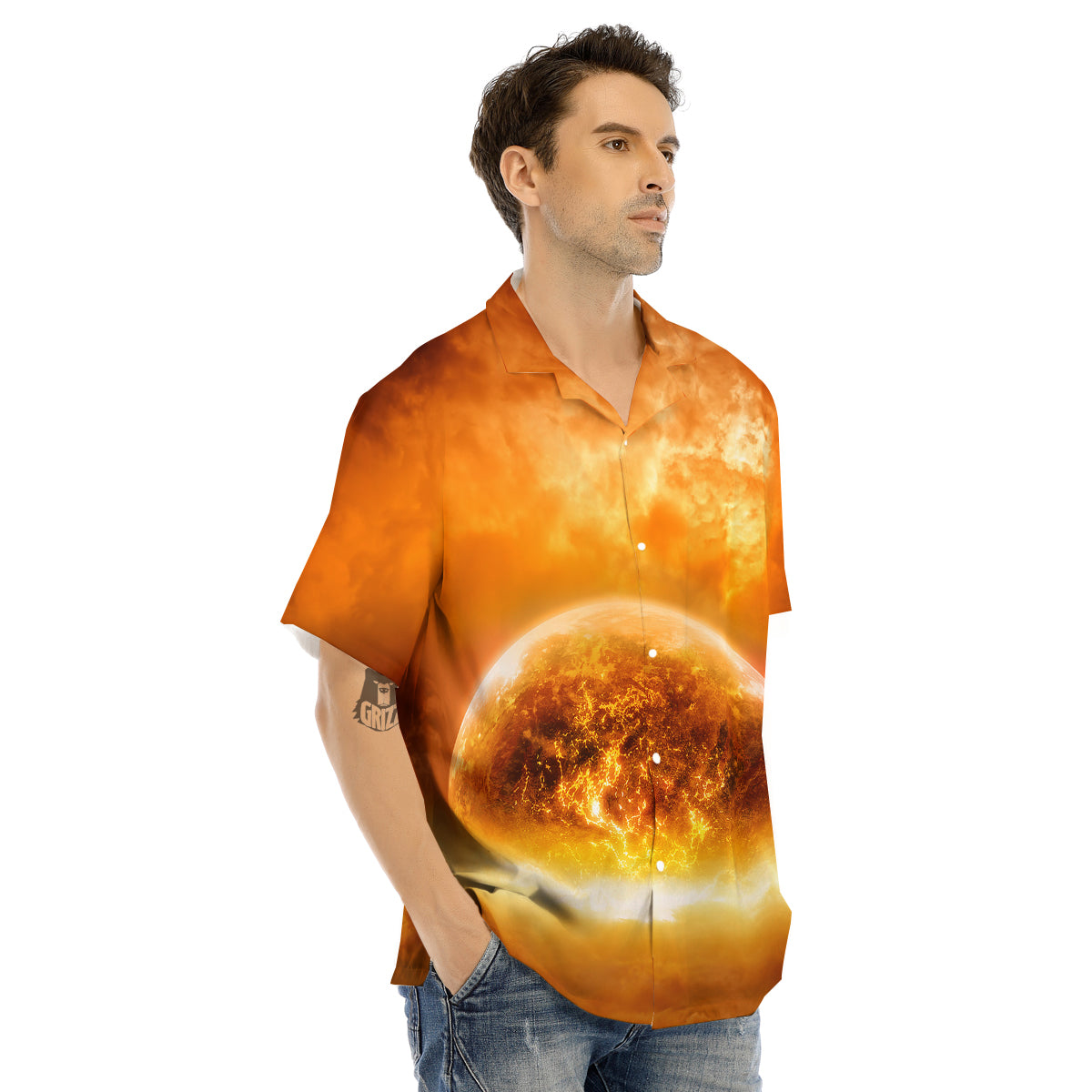 Burning Apocalyptic Planet Earth Print Men's Hawaiian Shirt-grizzshop
