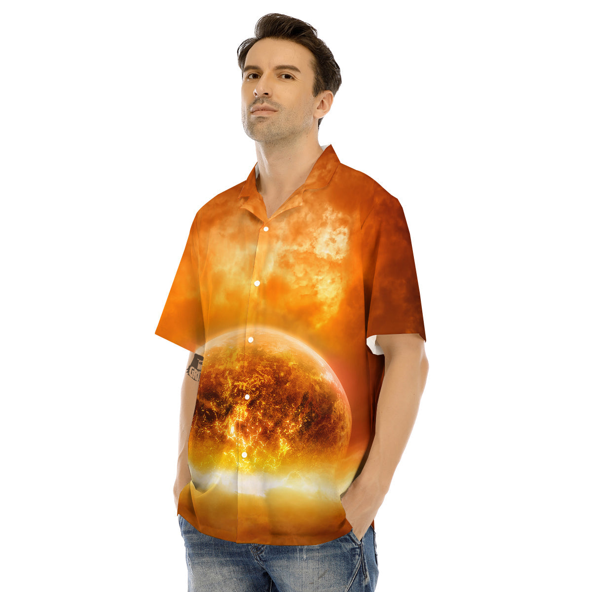 Burning Apocalyptic Planet Earth Print Men's Hawaiian Shirt-grizzshop