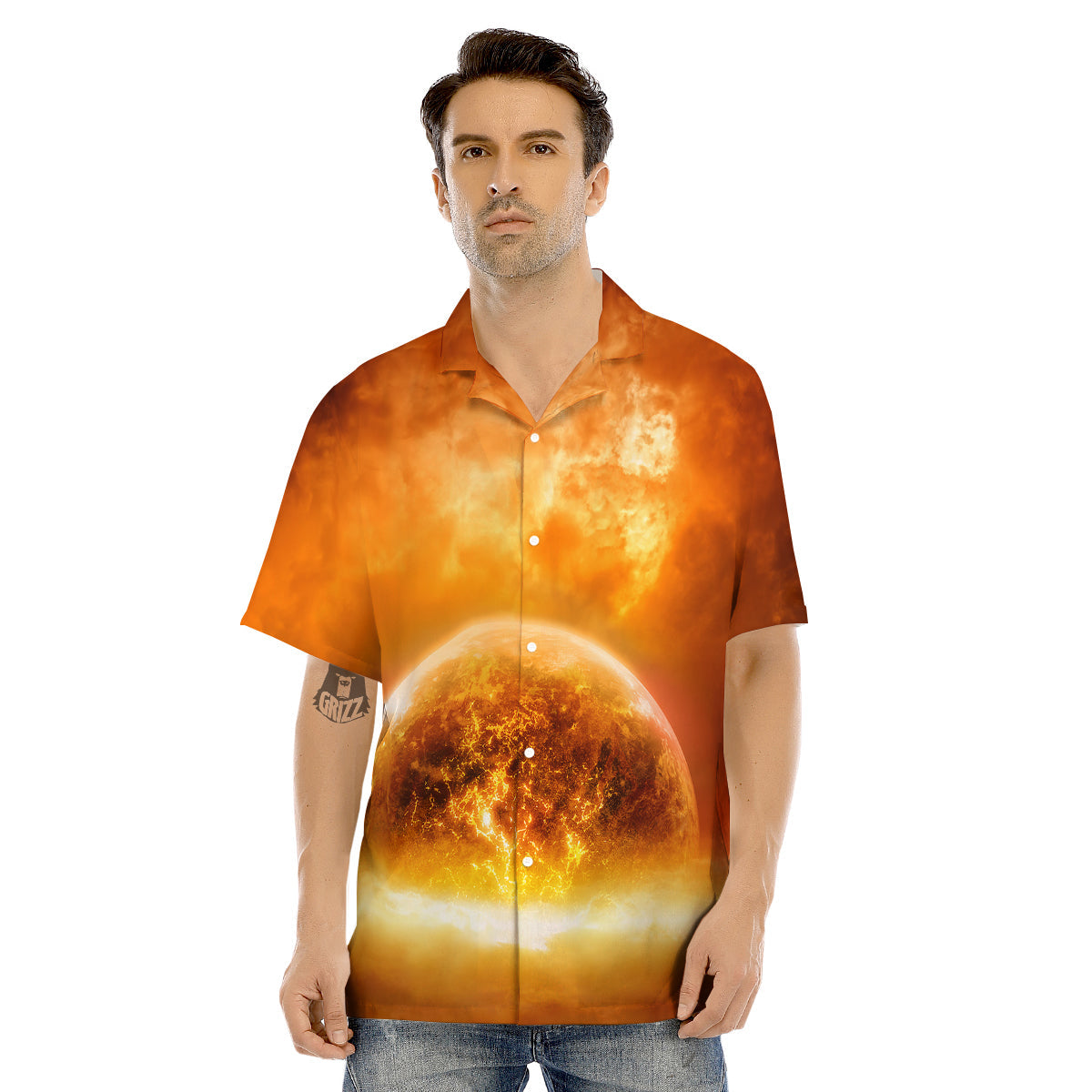 Burning Apocalyptic Planet Earth Print Men's Hawaiian Shirt-grizzshop
