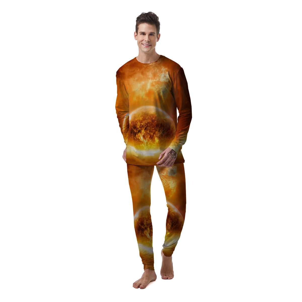 Burning Apocalyptic Planet Earth Print Men's Pajamas-grizzshop