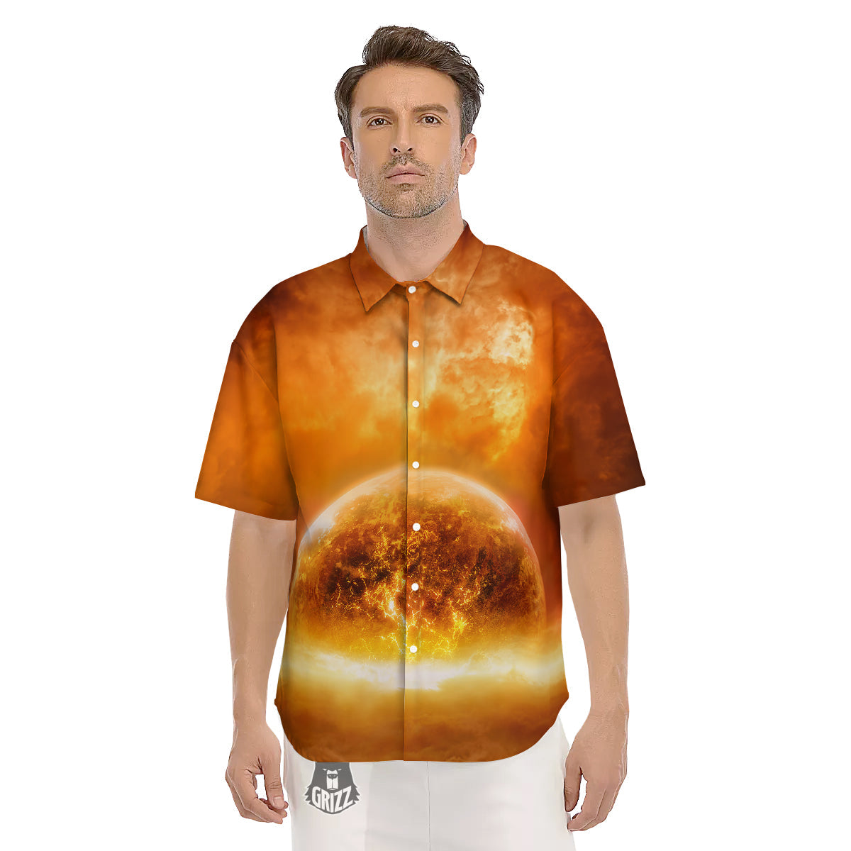 Burning Apocalyptic Planet Earth Print Men's Short Sleeve Shirts-grizzshop