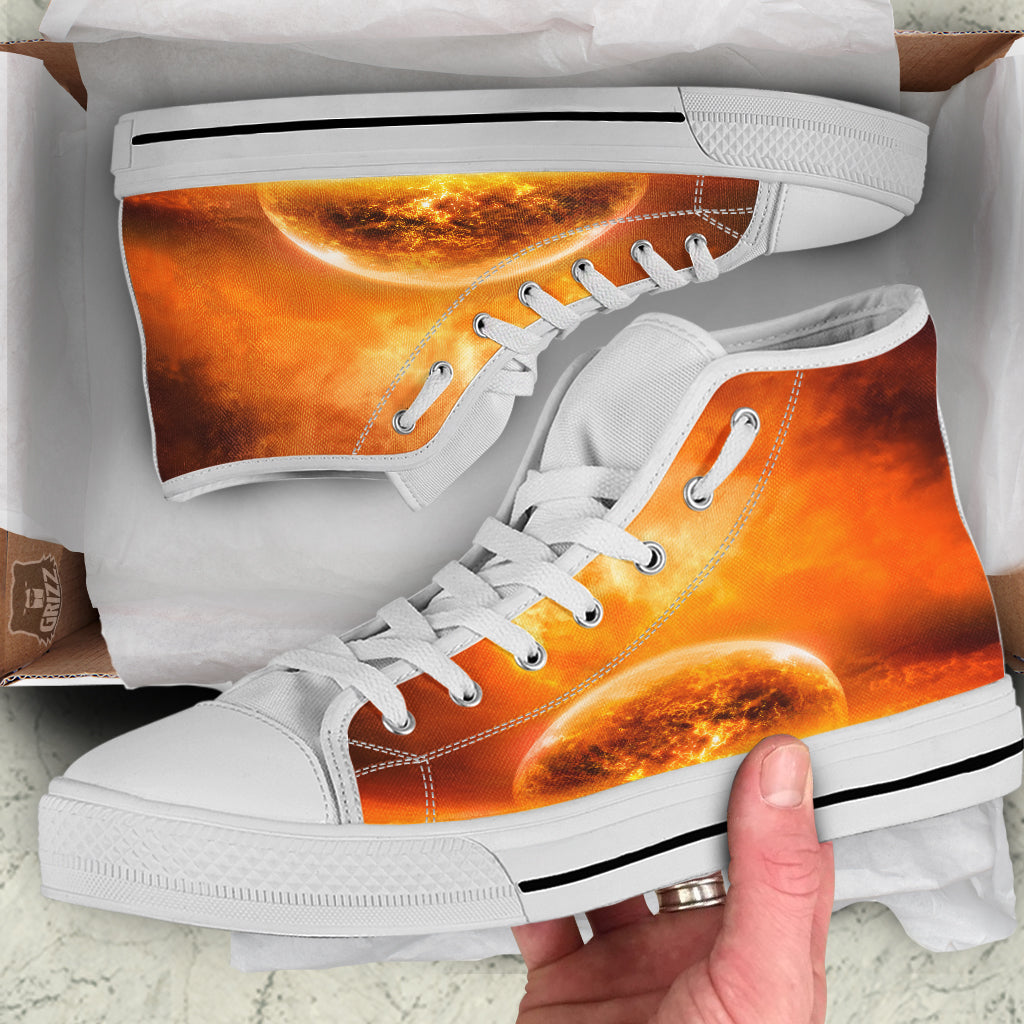 Burning Apocalyptic Planet Earth Print White High Top Shoes-grizzshop