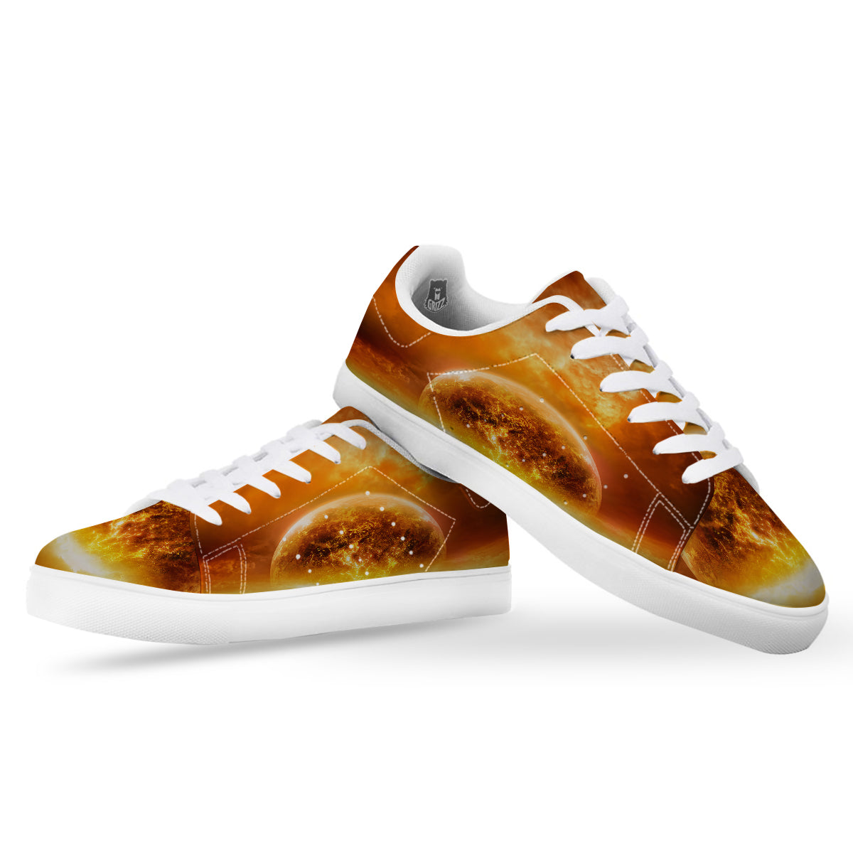 Burning Apocalyptic Planet Earth Print White Low Top Sneakers-grizzshop