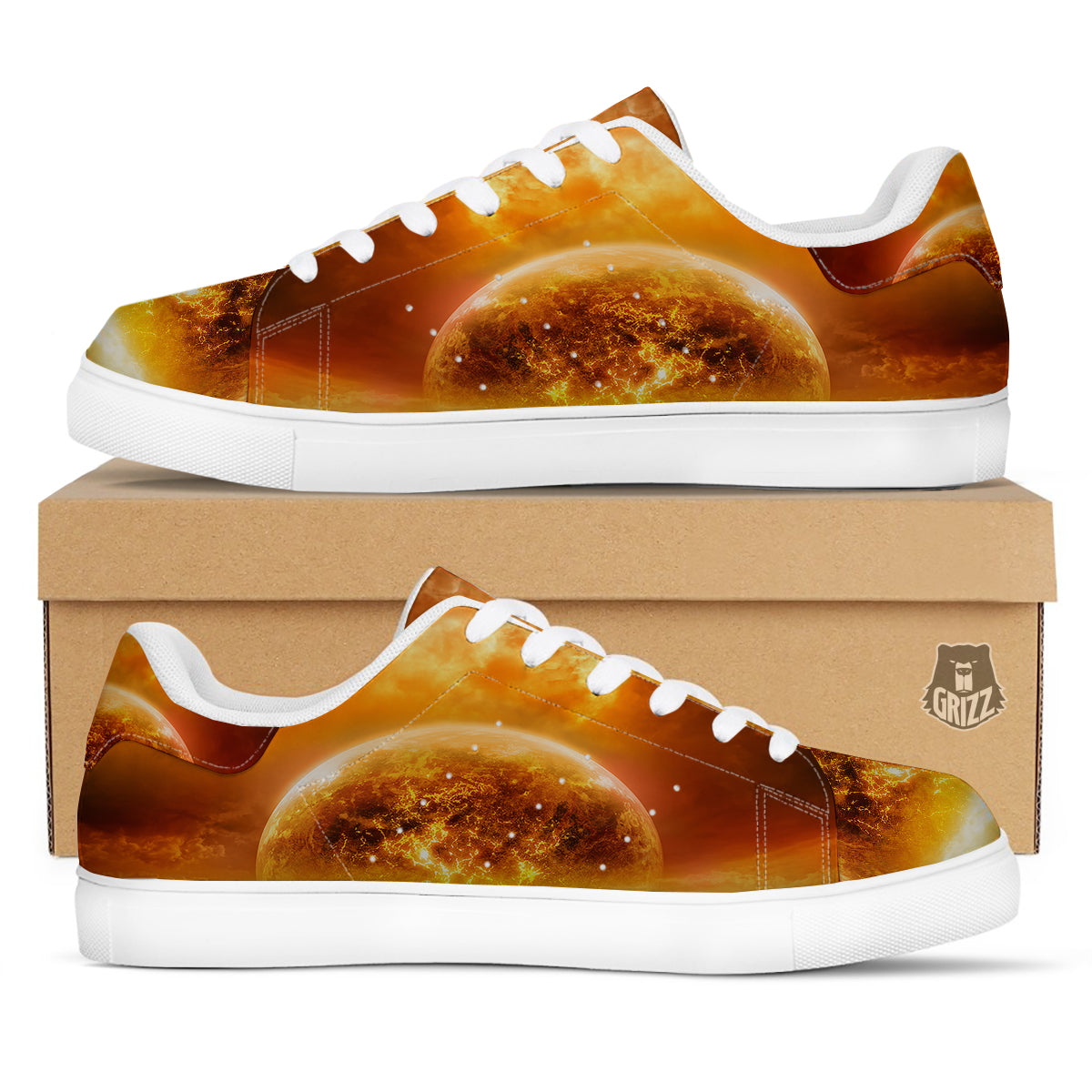Burning Apocalyptic Planet Earth Print White Low Top Sneakers-grizzshop