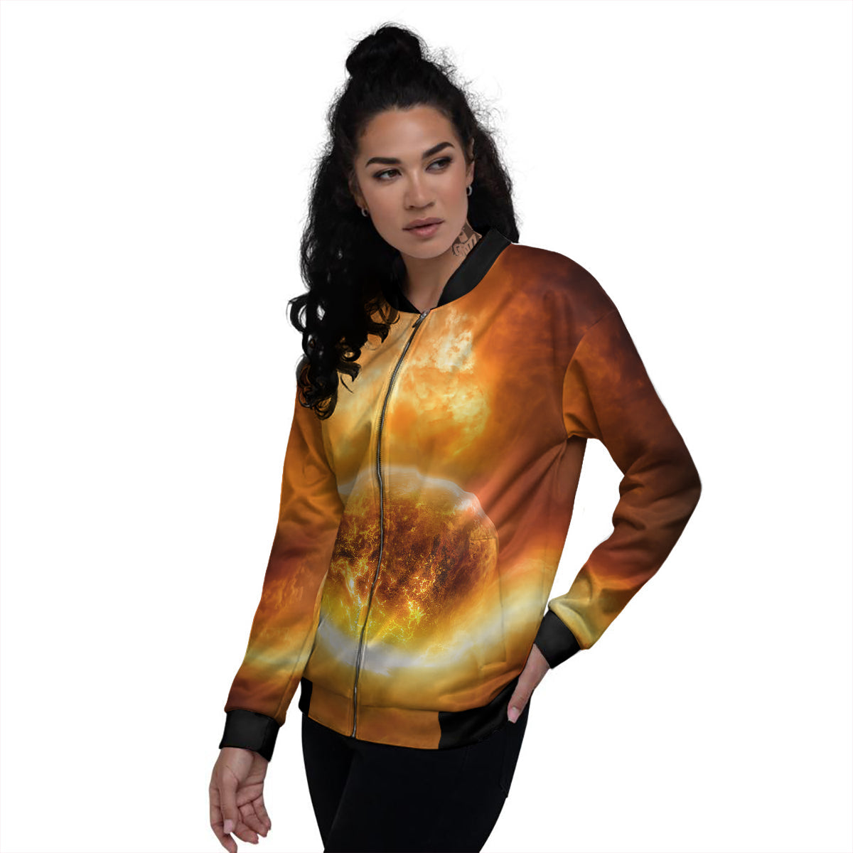 Burning Apocalyptic Planet Earth Print Women's Bomber Jacket-grizzshop