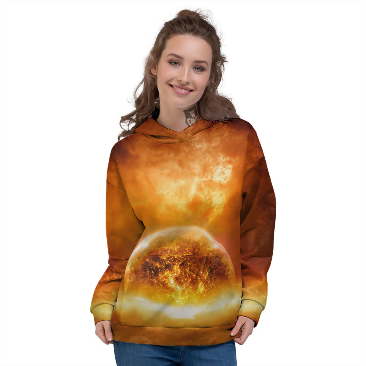 Burning Apocalyptic Planet Earth Print Women's Hoodie-grizzshop