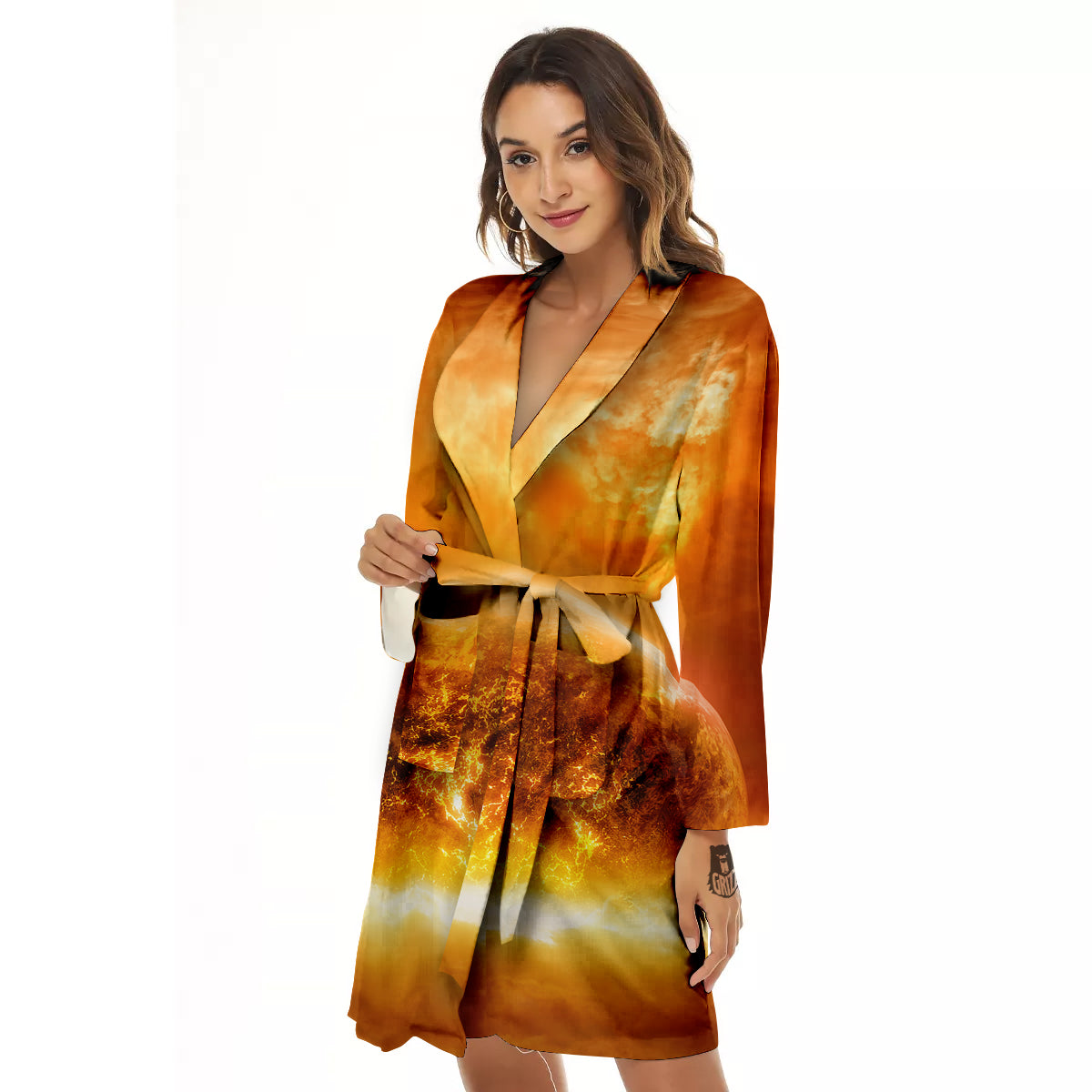 Burning Apocalyptic Planet Earth Print Women's Robe-grizzshop