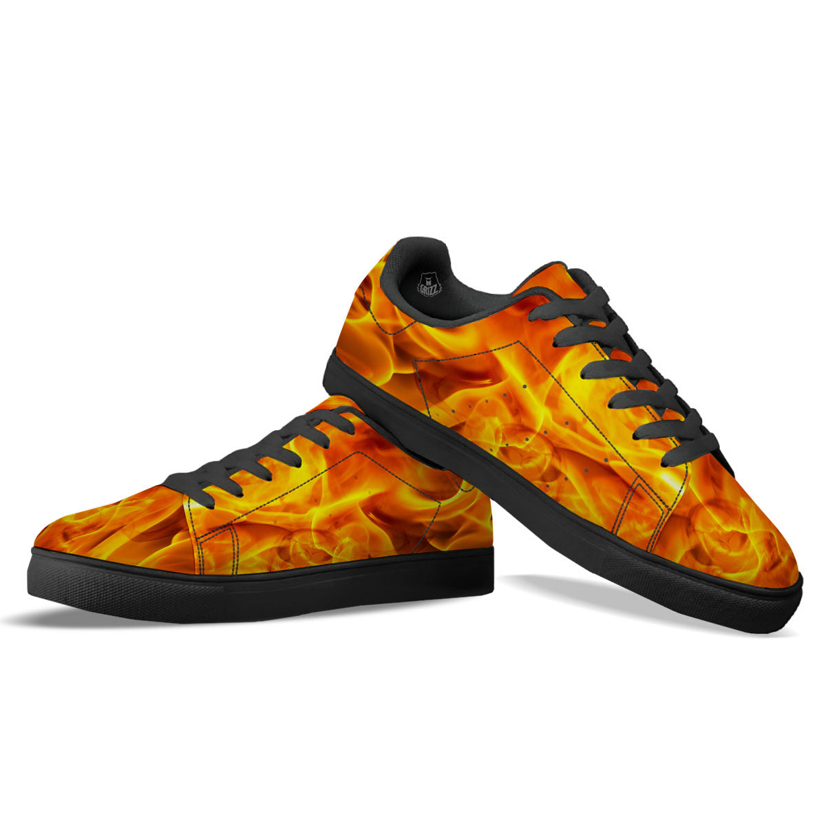 Burning Fire Flame Print Black Low Top Sneakers-grizzshop