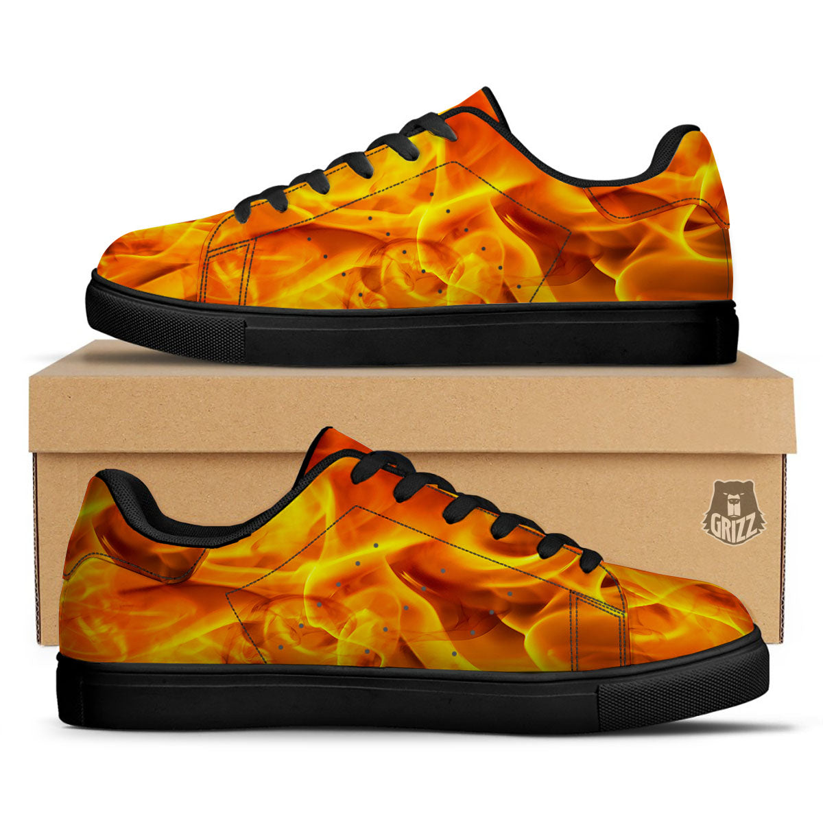Burning Fire Flame Print Black Low Top Sneakers-grizzshop