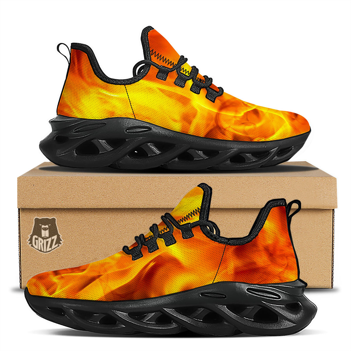 Burning Fire Flame Print Black Running Shoes-grizzshop