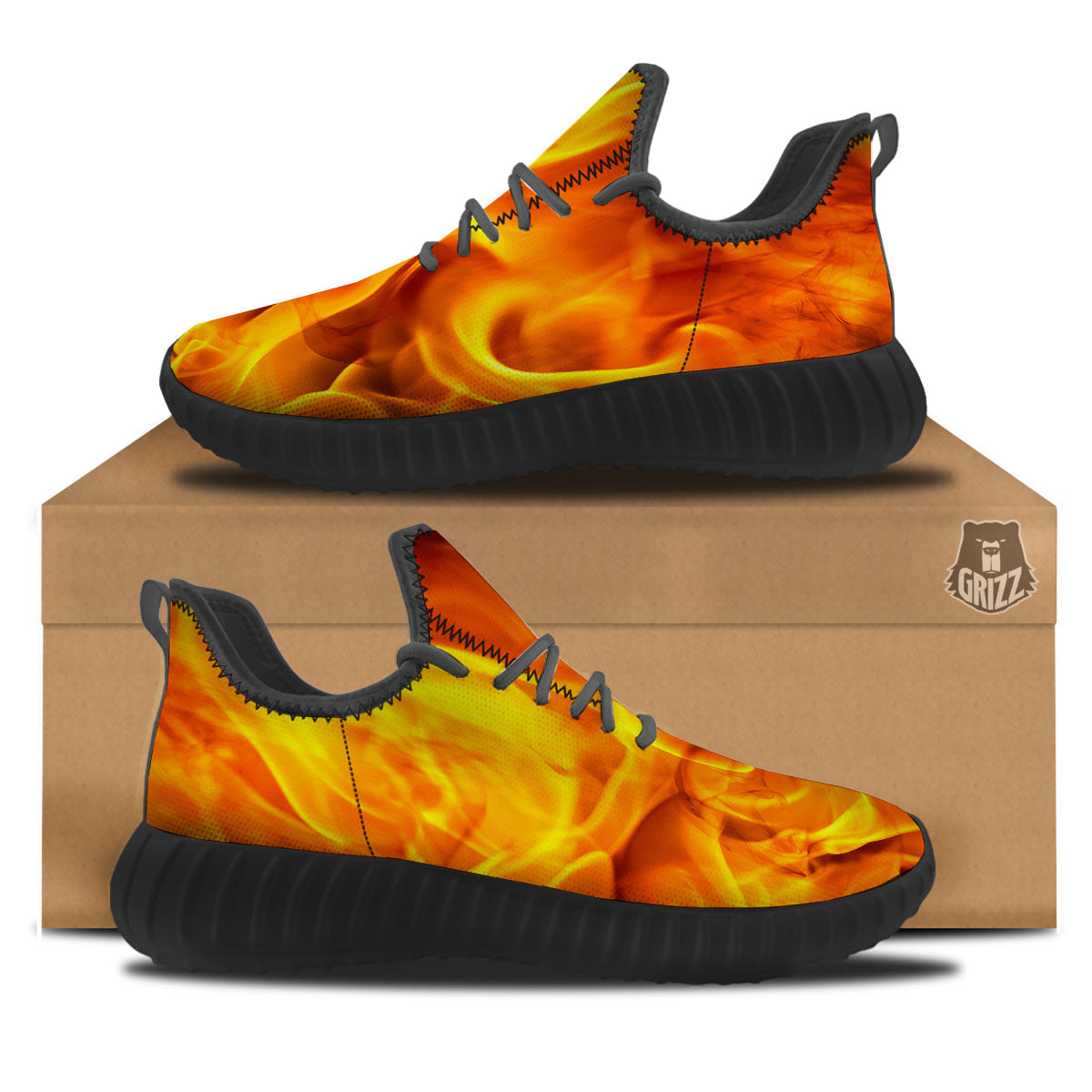 Burning Fire Flame Print Black Walking Shoes-grizzshop