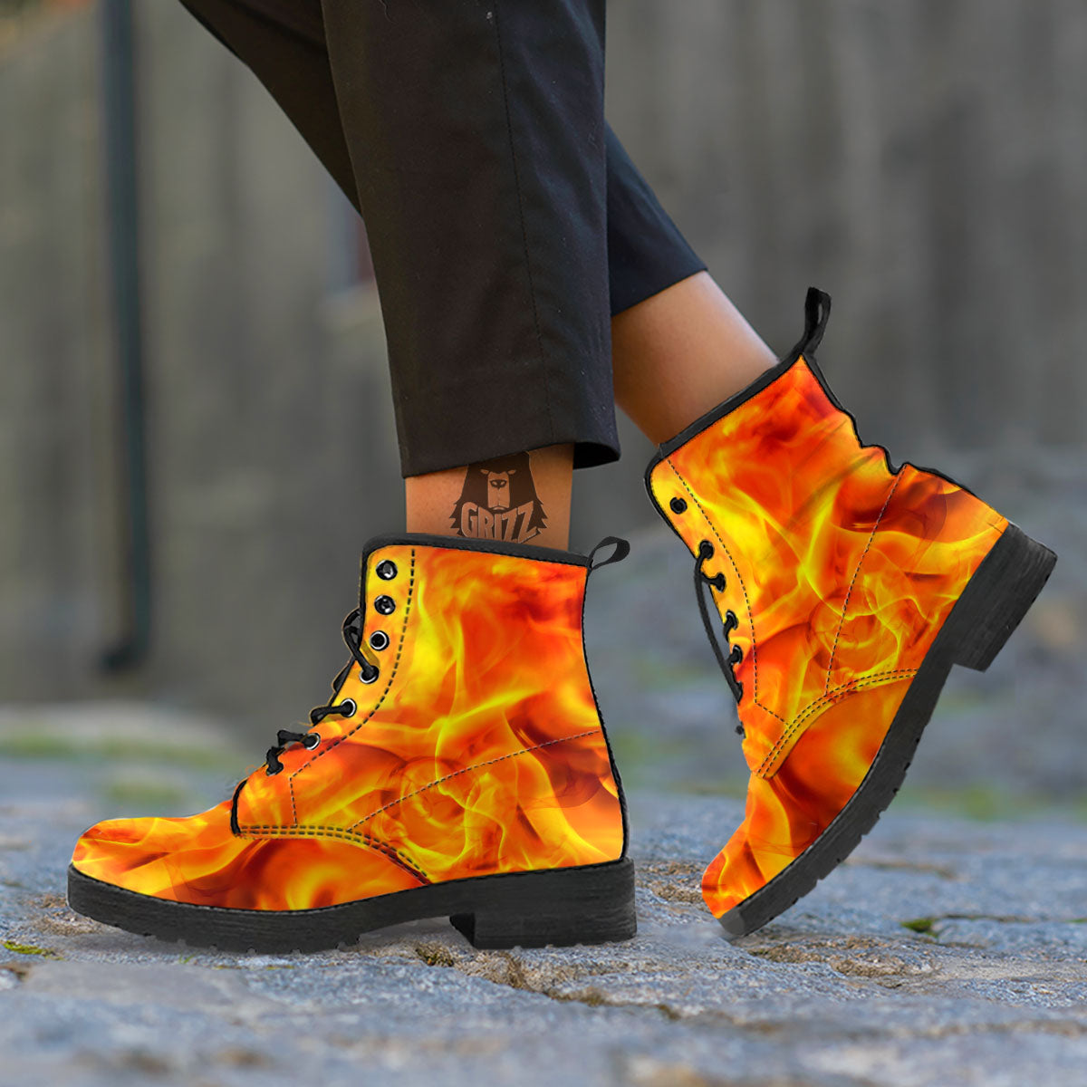 Burning Fire Flame Print Leather Boots-grizzshop