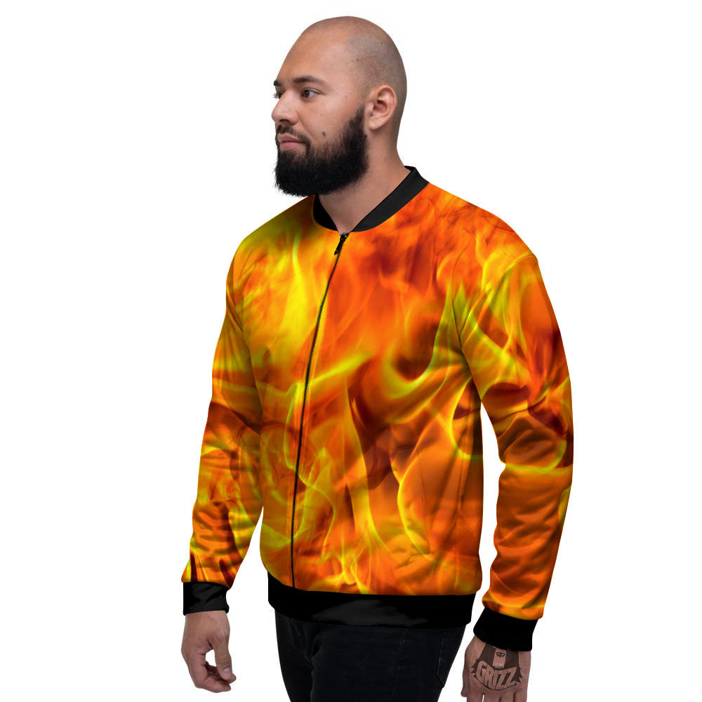 Burning Fire Flame Print Men's Bomber Jacket-grizzshop