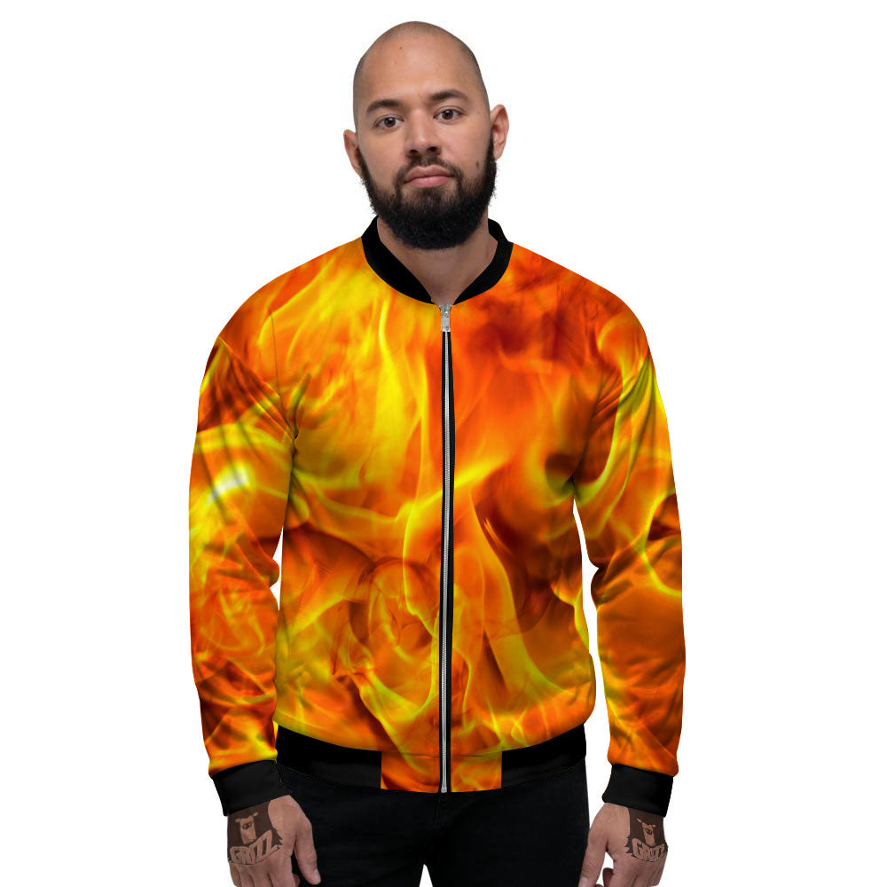 Burning Fire Flame Print Men's Bomber Jacket-grizzshop