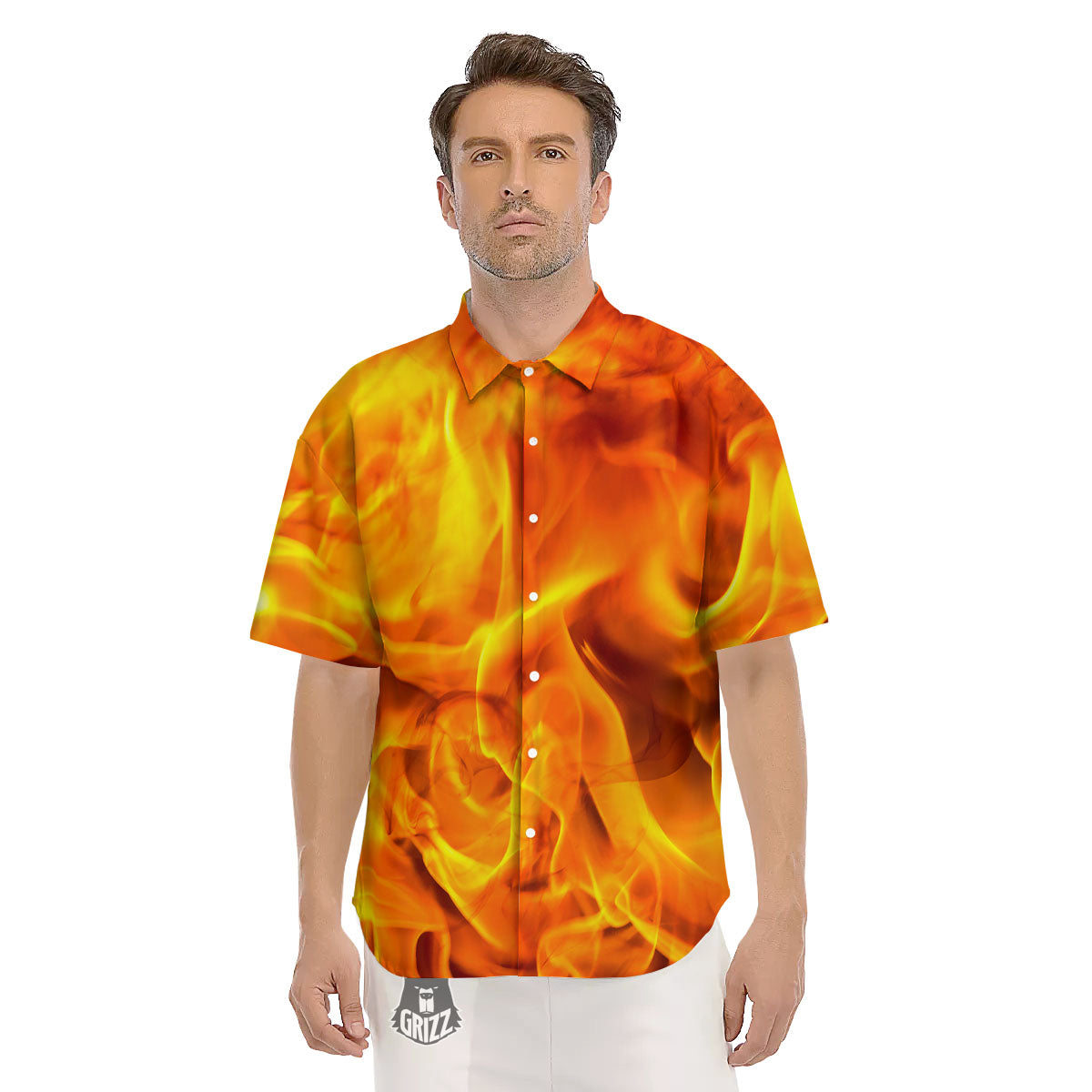 Burning Fire Flame Print Men's Short Sleeve Shirts-grizzshop