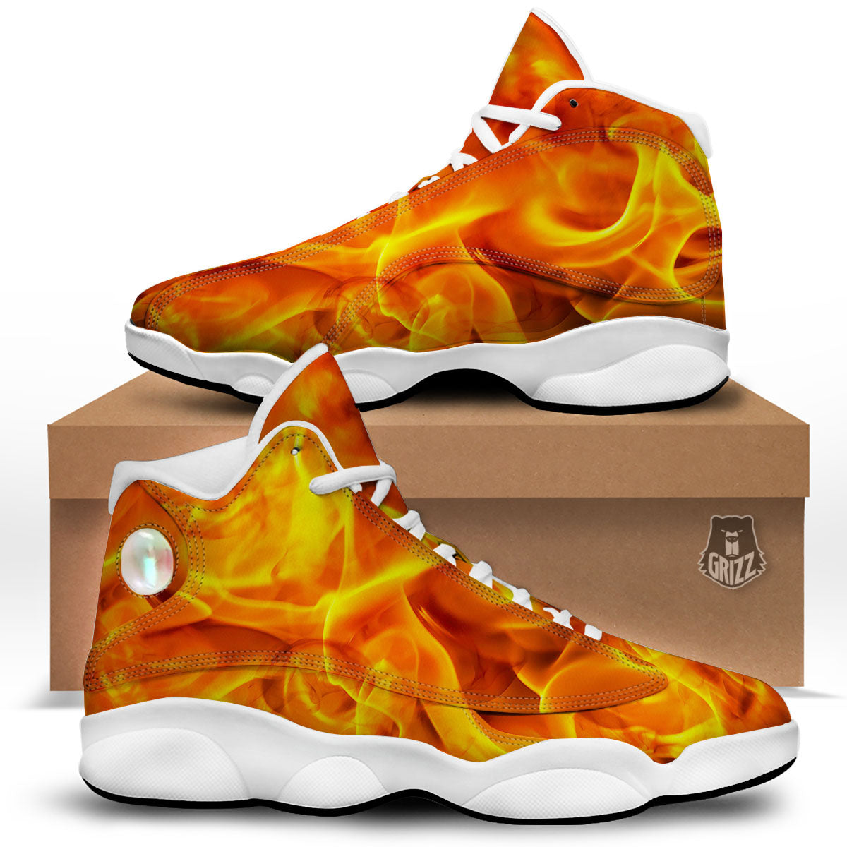 Burning Fire Flame Print White Basketball Shoes-grizzshop