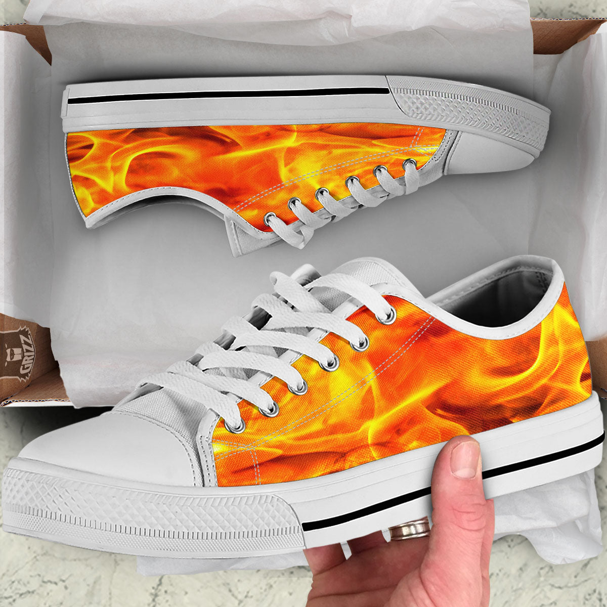 Burning Fire Flame Print White Low Top Shoes-grizzshop
